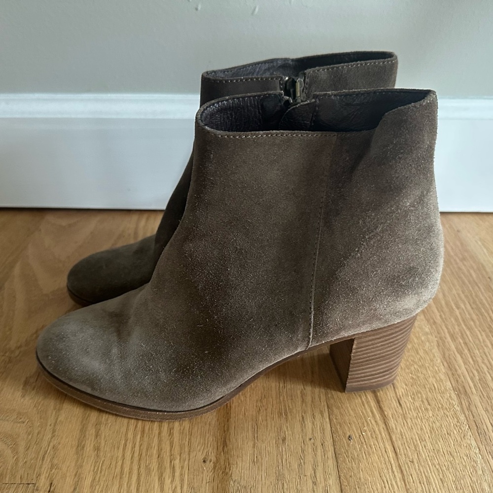 JCrew Light Brown (Tan) Suede Ankle Boots with 2 1/2 “ stacked heel. Side zip.